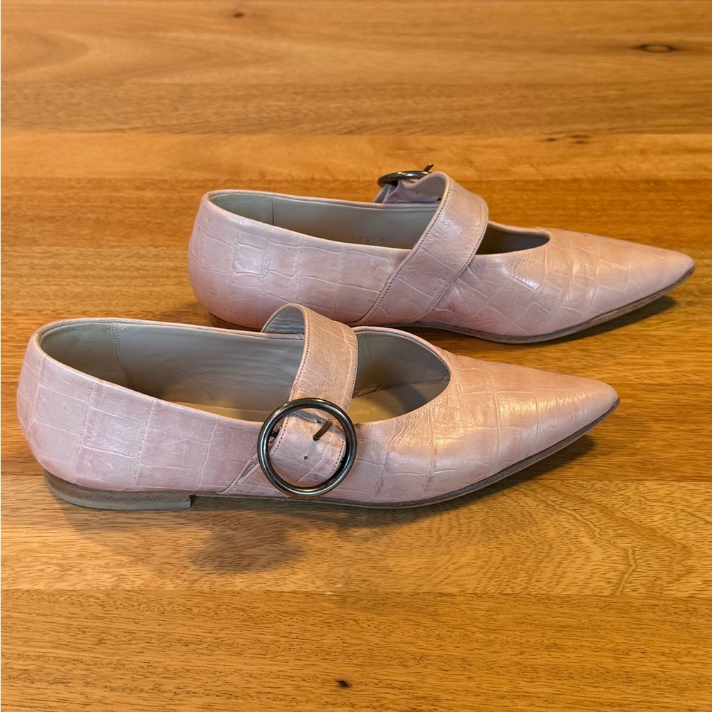 Freda Salvador Mary Jane Leather Croc Embossed Flat Pink